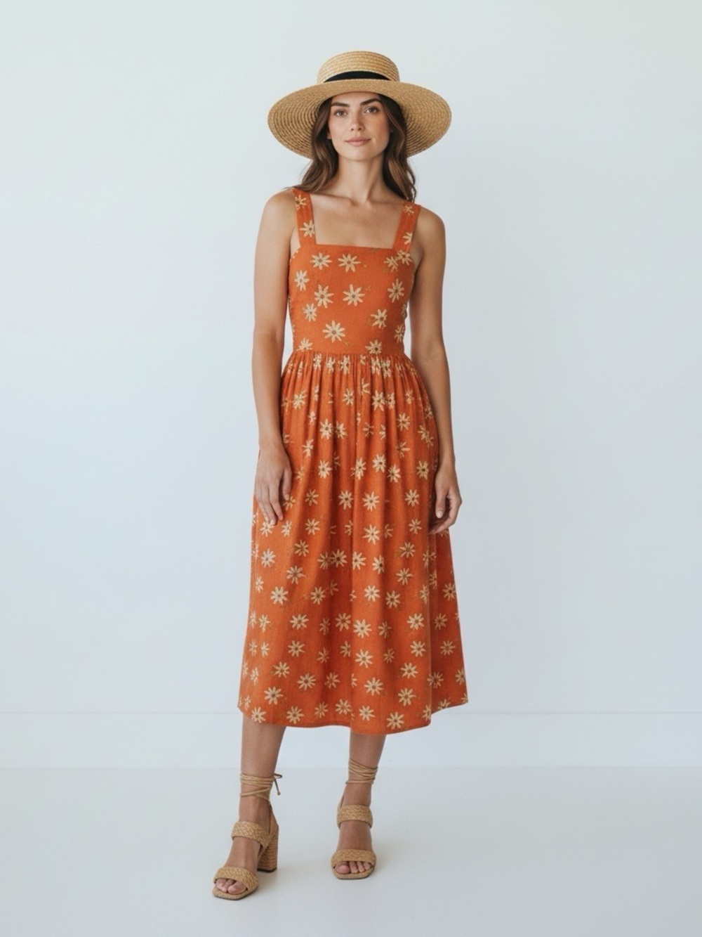 VTG Laura Ashley 80s Orange Daisy Crossover Multi-Way Strap Midi Dress Size 6
